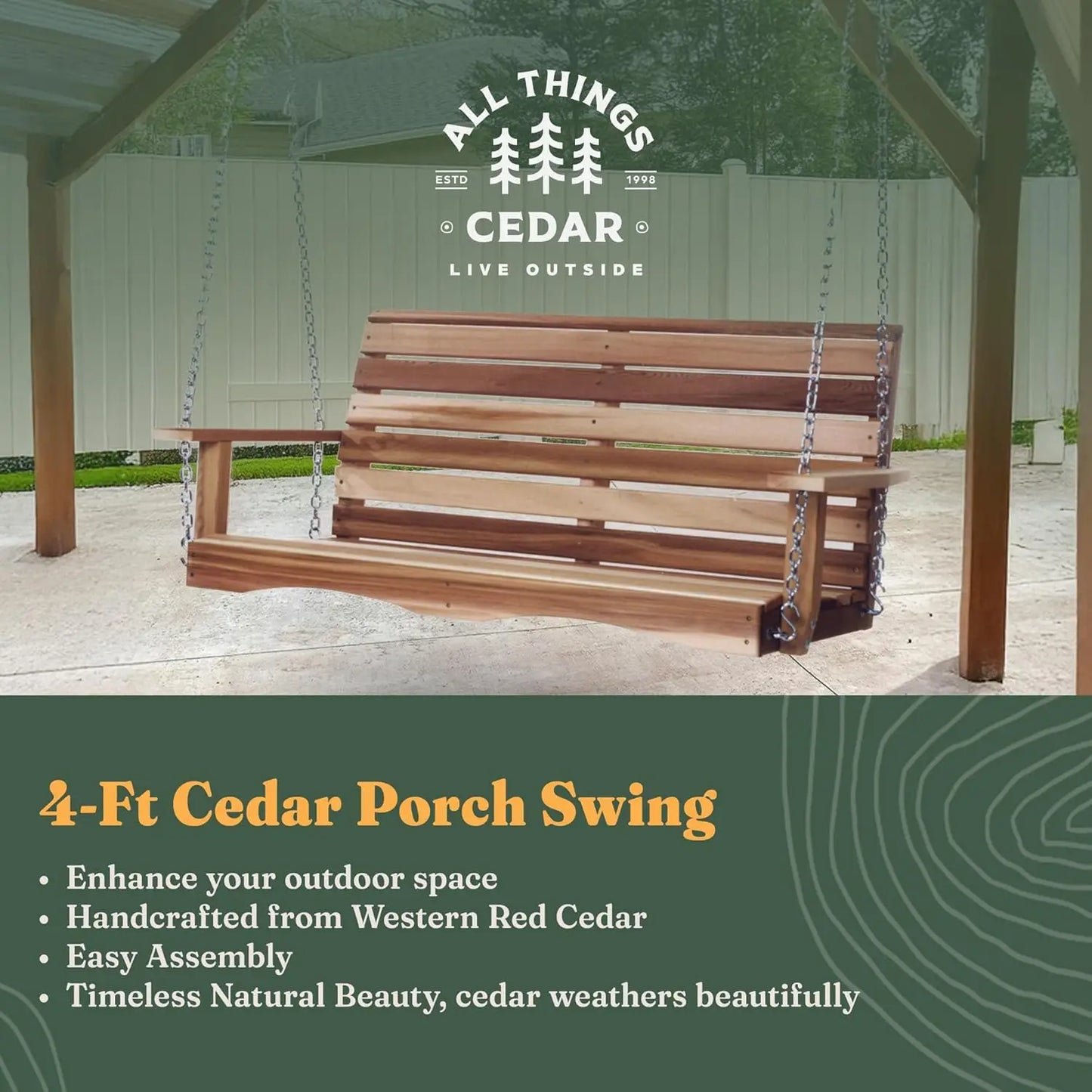 Wooden Porch Swing, Outdoor Patio Furniture, 4 Foot, Natural