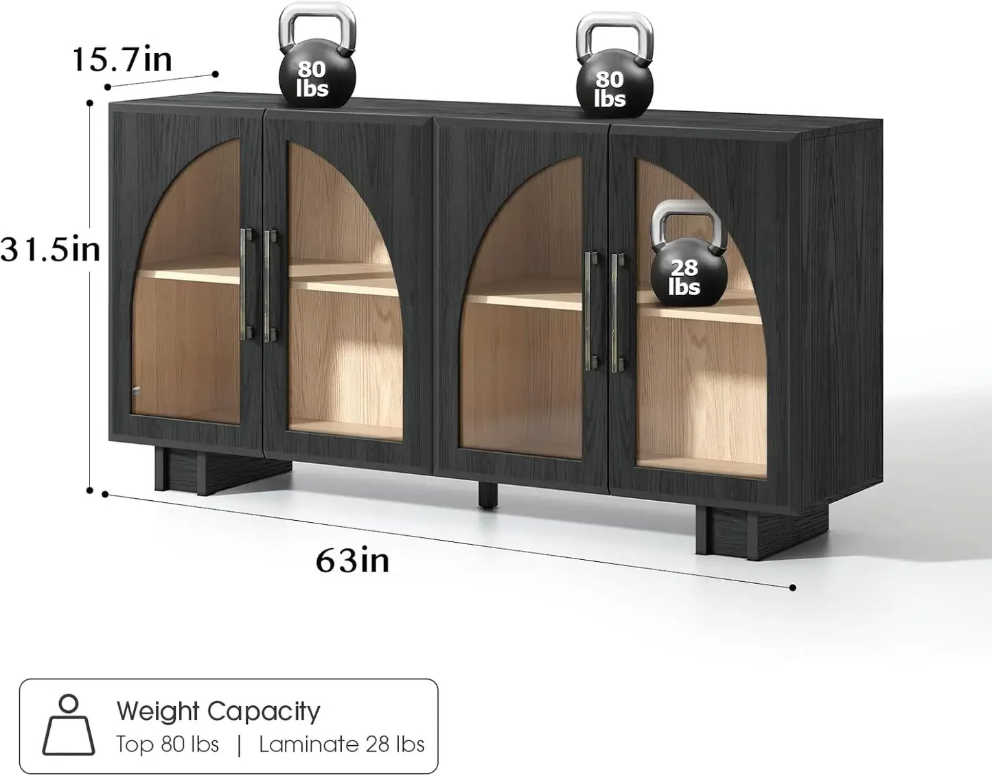Modern Accent Cabinet , 63 '' Sideboard Buffet Cabinet with Storage, Large Sideboard with 4 Glass Doors, Black Credenzas
