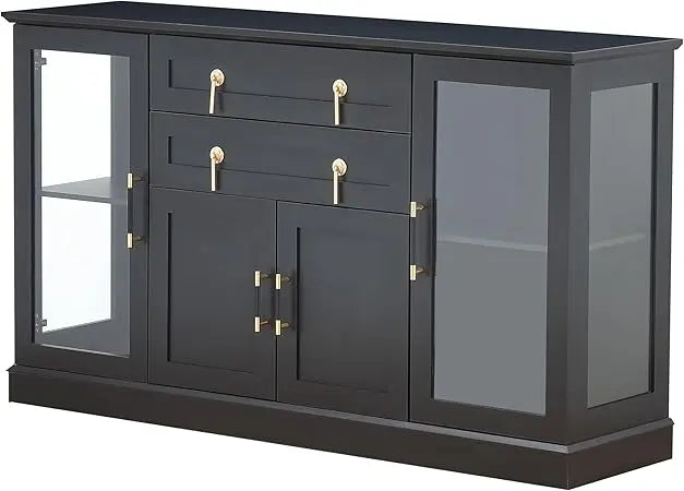 58.2'' Modern Sideboard with Storage, Accent Buffet Cabinet with 2 Glass Doors,Credenza with Two Drawers and Adjustable and Shel
