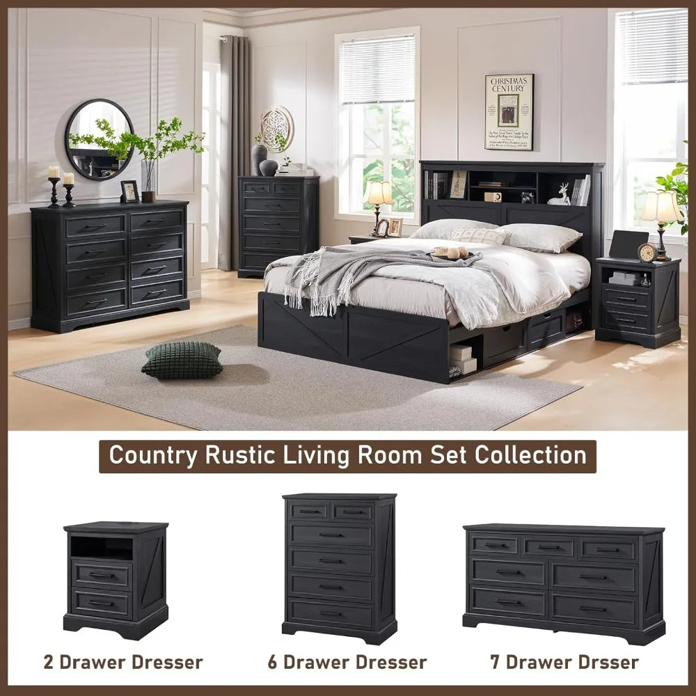 6 Drawer Dresser, Farmhouse Chest of Drawers for Bedroom, 44" Tall Kids Dresser with Large Metal Handles, Wood Drawer Organizer