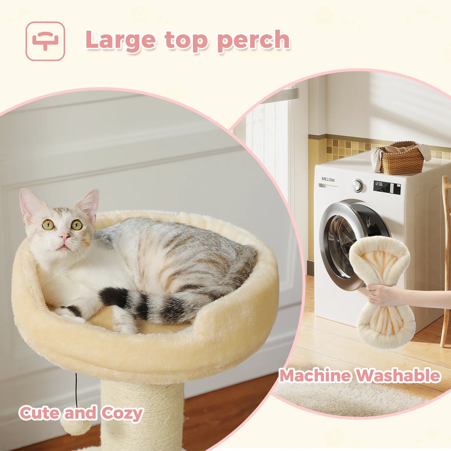 Cat Scratching Post for Large Cats, Small Cat Tree Tower with Thick Scratching Post, Top Bed, Indoor Tall Cat Scratcher, Cat Toy