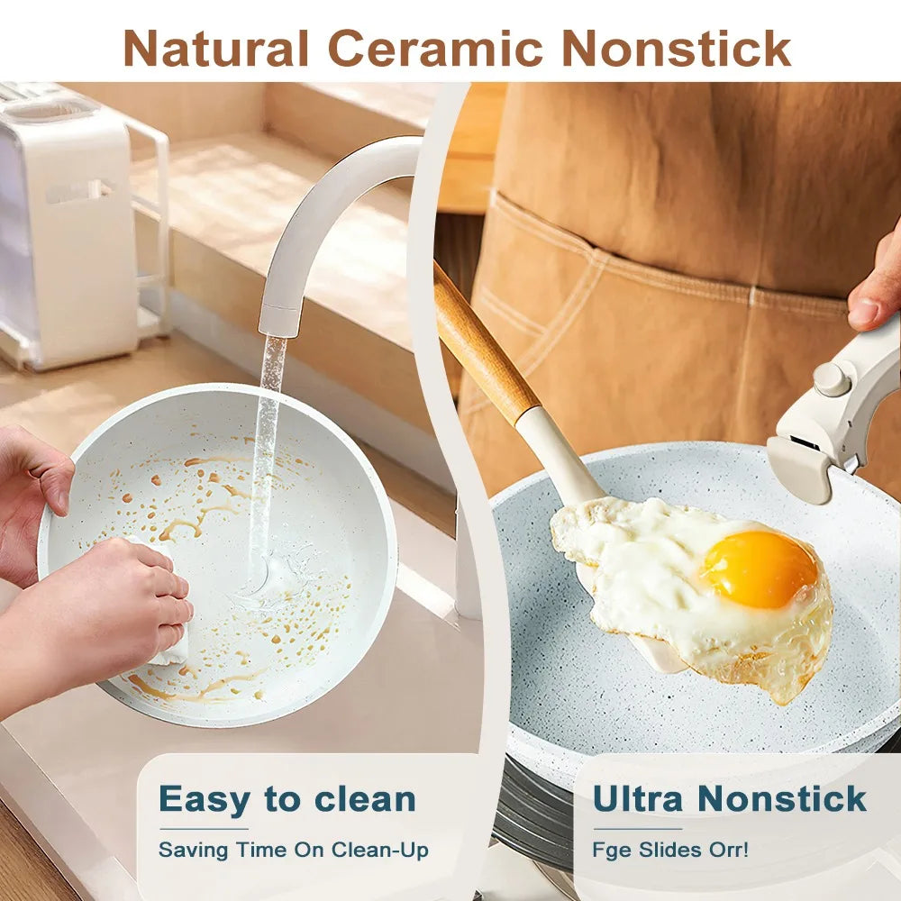 17-Pieces Ceramic Cookware Set,Non Stick Pots and Pans Cooking Set with Detachable Handle and Glass Lid, Dishwasher & Oven Safe