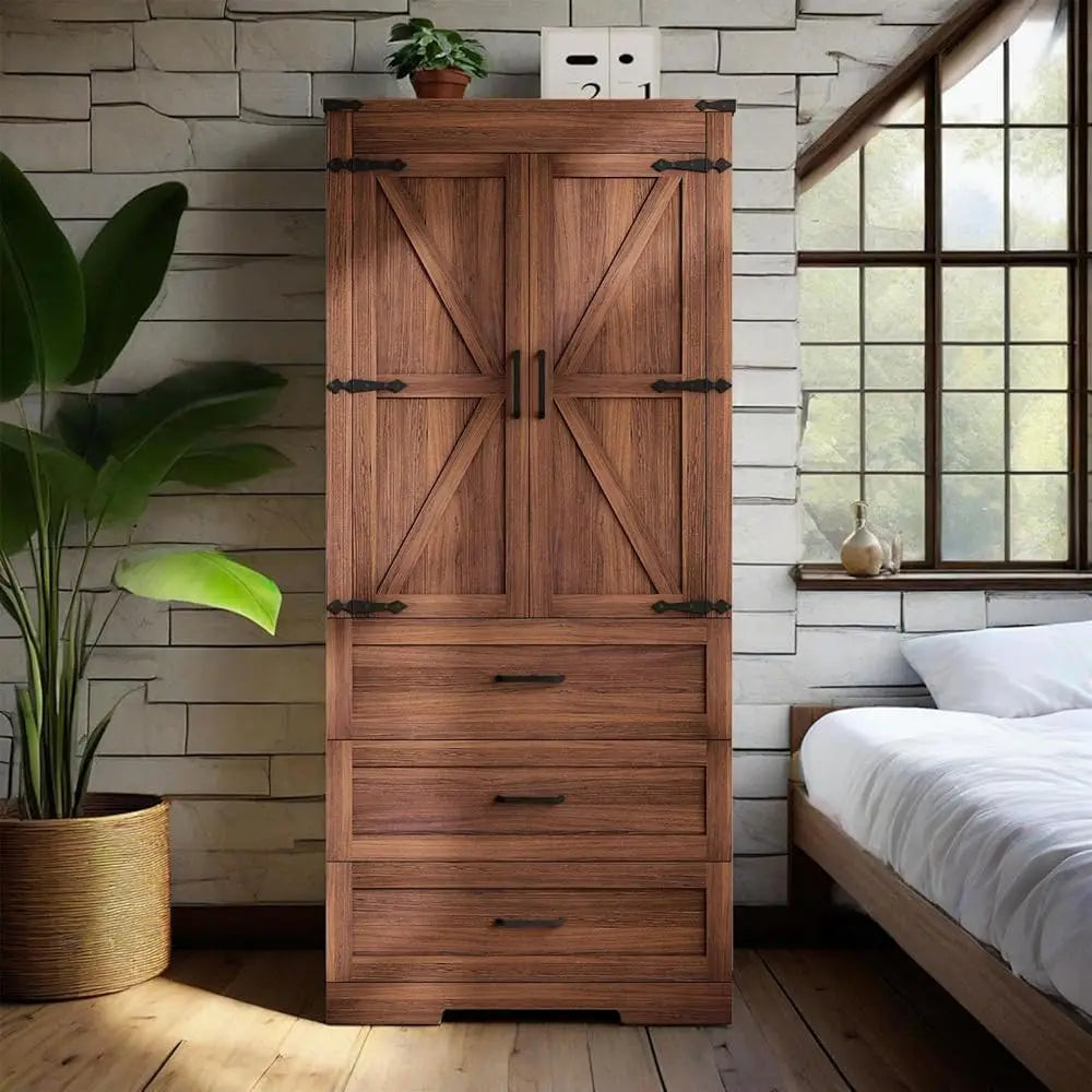 Wardrobes, Freestanding Clothing Storage Cabinet, Wooden Armoire Wardrobe Closet for Bedroom,Farmhouse Armoire with Hanging Rod