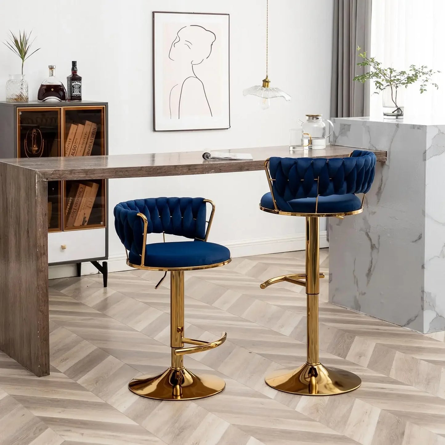 TOP-notch Velvet Bar Stools Set of 3, Counter Height Barstools with Low Back, Gold Swivel Bar Stool for Kitchen Island, Pub (Blu