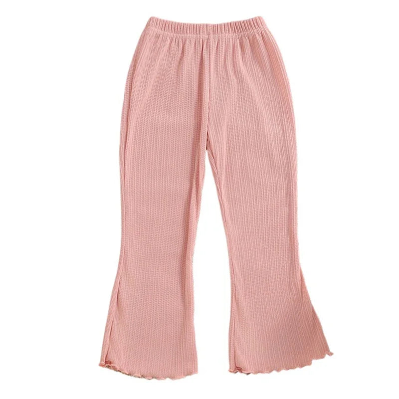 Children Summer Solid Color Thin Ribbed Knit Flared Pants Girls Casual Trousers Korea Fashion Pants Girl Princess Style Capris