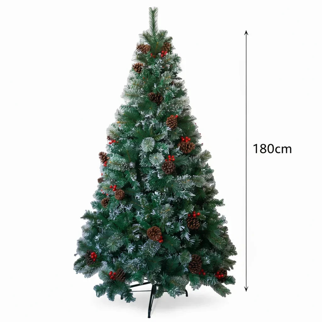 7FT Unlit Artificial Christmas Tree w/ Pinecones and Red Berries,Full Realistic Spruce Xmas Holiday Decor,Easy Setup Metal Stand