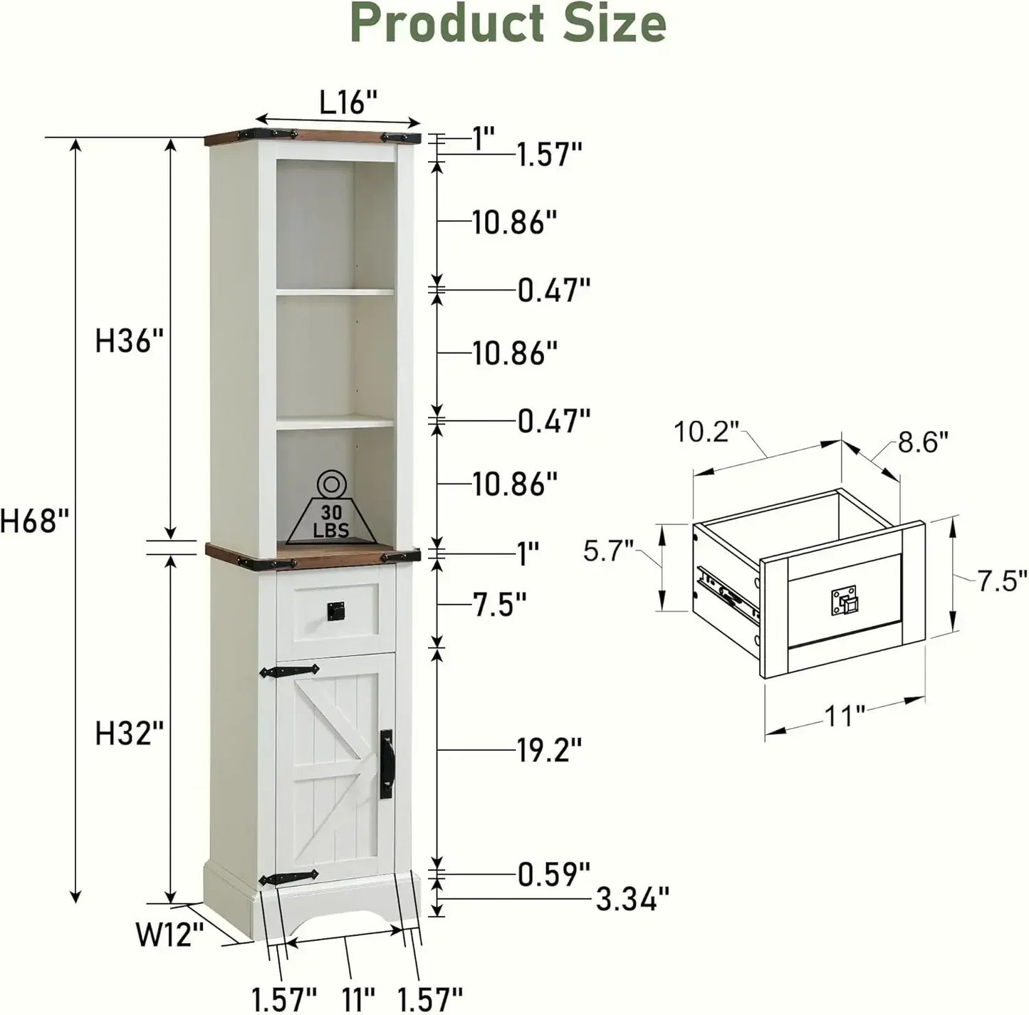 Bathroom Storage Cabinet, Farmhouse Storage Cabinet with Adjustable Shelves & Storage Drawer, Tall Linen Tower for Bathroom
