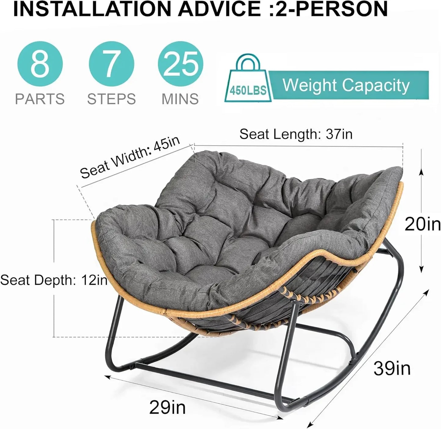 Outdoor Rocking Egg Chair, Indoor Papasan, Rattan Wicker Lounge, Modern Royal for Bedroom, Living Room, Porch, Garden,