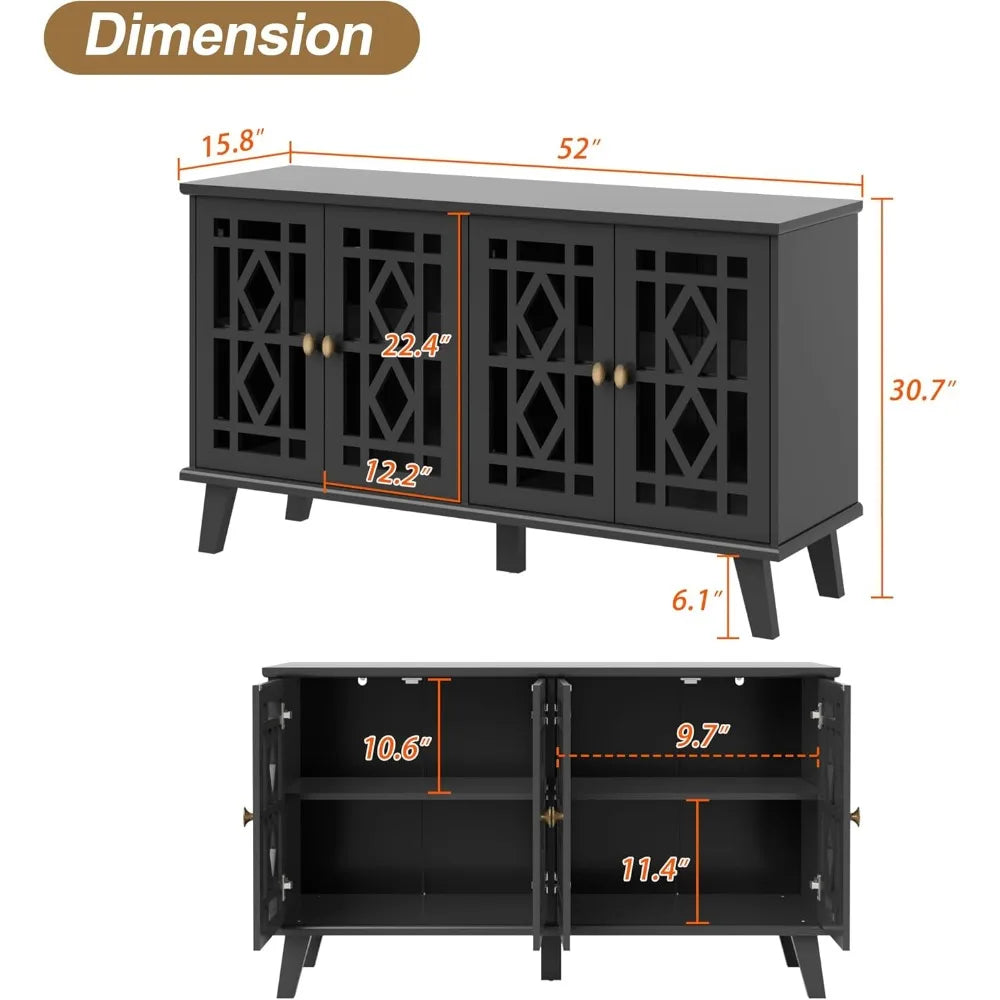 52" Buffet Cabinet with Storage,Sideboard with 4 Doors, Skeletonized Coffee Bar with Storage, Sideboard Cabinet for Dinning Room
