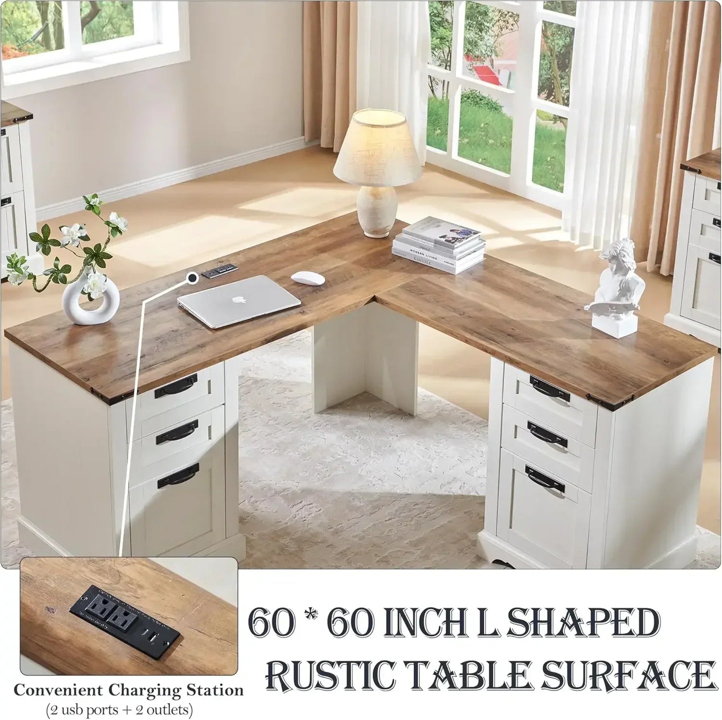 60" Farmhouse L Shaped Executive Desk Wood Home Office Corner Desk File Drawer, Storage Cabinet, Rustic Computer Writing Desk