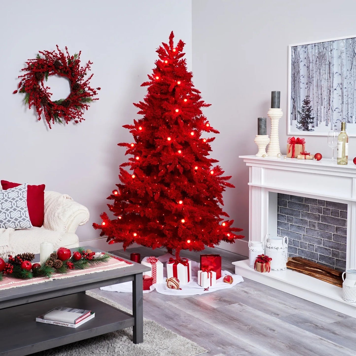 7’ Red Flocked Artificial Christmas Tree w/500 LED’s 40 Globe Bulb.