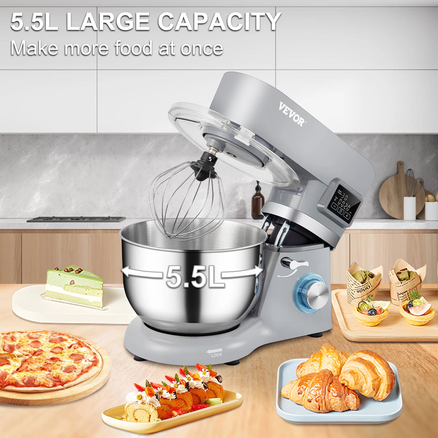 SucceBuy 5.5/7LElectric Stand Mixer with 6Speeds LCD Screen Timing Food Mixer Cream Egg Whisk Whip Dough Kneader With Steel Bowl