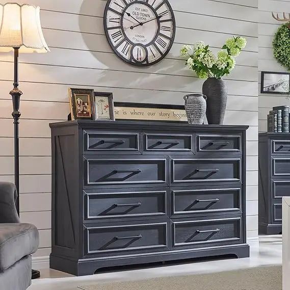 Farmhouse 9 Drawer Dresser for Bedroom, 36 Inch Tall Modern Dresser TV Stand with Large Drawers & Bar Handles, Rustic Wood Chest