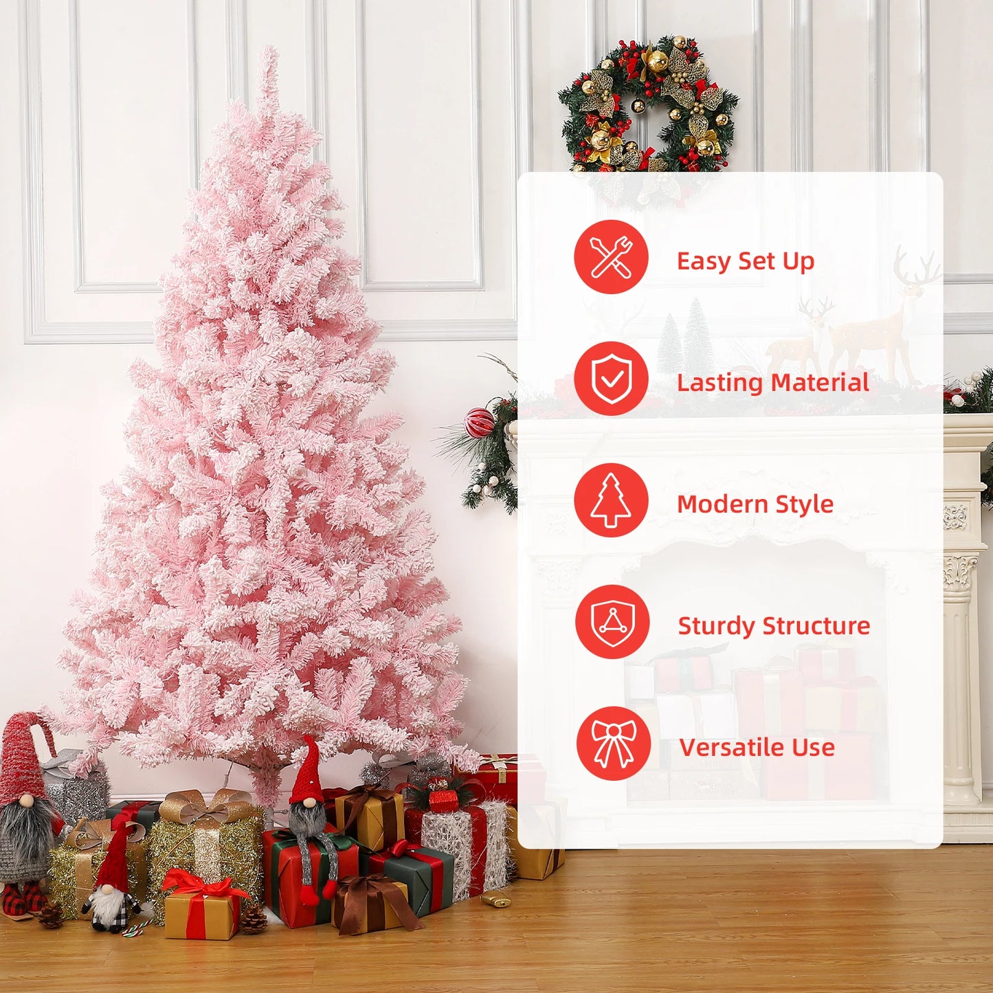 6Ft Pre-lit Pink Artificial Christmas Tree, Snow Flocked Faux Xmas Pine Tree with 250 Multi Color LED Lights, 751 Branch Tips