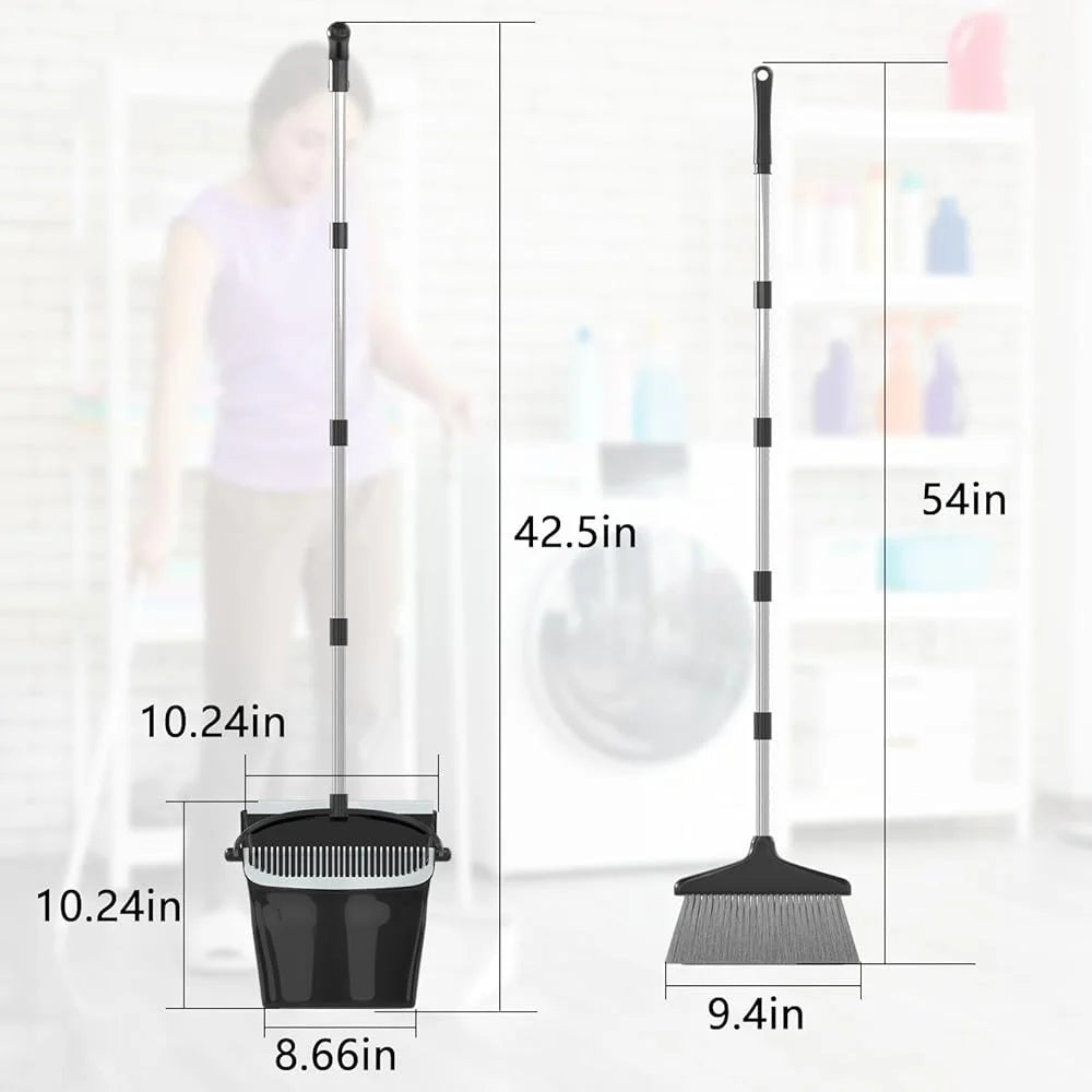 Extendable Broom Dustpan Combo Set 54in Long Handle Efficient Cleaning Tool Household Office Kitchen Space Saving Design
