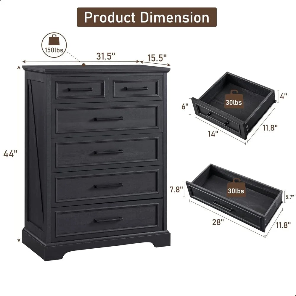 6 Drawer Dresser, Farmhouse Chest of Drawers for Bedroom, 44" Tall Kids Dresser with Large Metal Handles, Wood Drawer Organizer