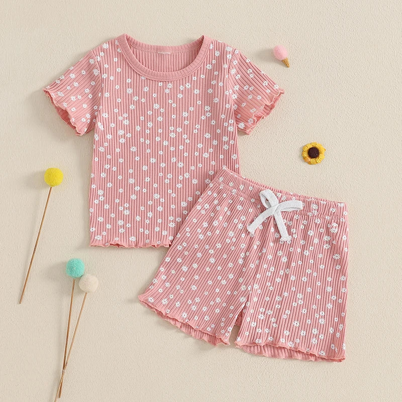 Girls Sleeveless Tank Top and Denim Shorts Set Casual Summer Outfit with Floral Print and Frayed Hem