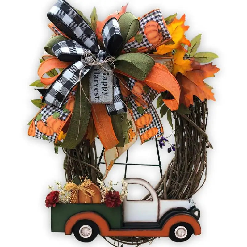 Fall Wreath Farmhouse Pumpkin Cart Wreath Halloween Pumpkin Truck Wreath Door Wreath for Halloween Thanksgiving Decor