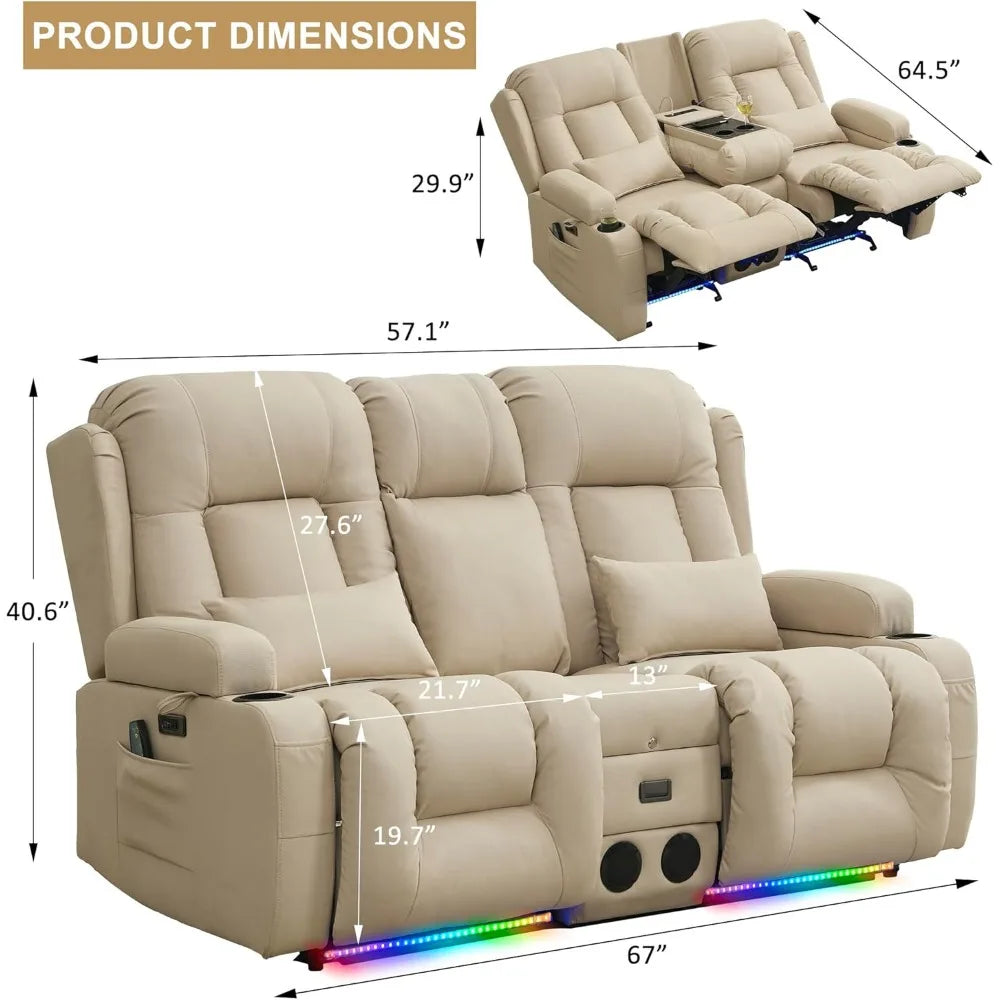 Power Loveseat Recliner Sofa with Vibrating Massage and Heat, Home Theater Seating RV Couch with Flipped Backrest Console, LED L