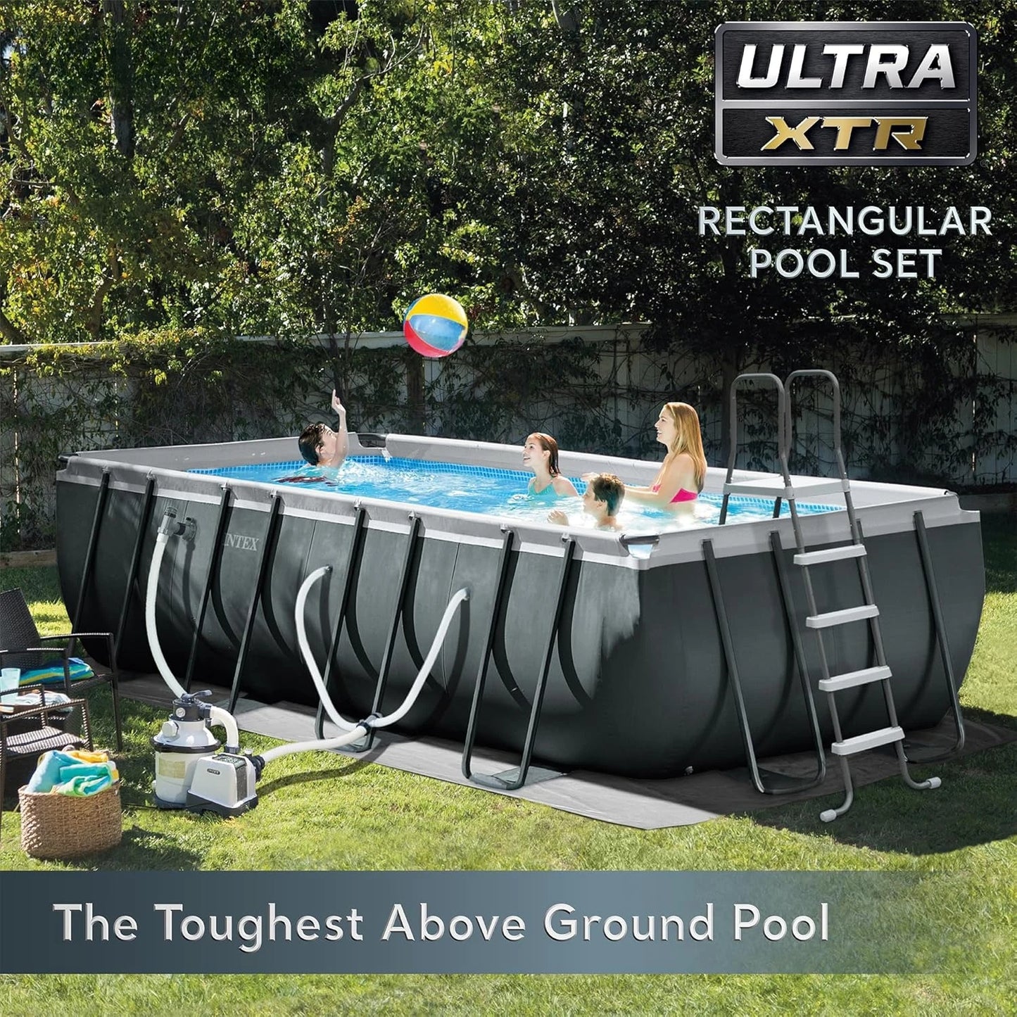 18' x 9' x 52"Rectangular Frame Swimming Pool Set with Pump - Above Ground Backyard Large Rectangle Pool