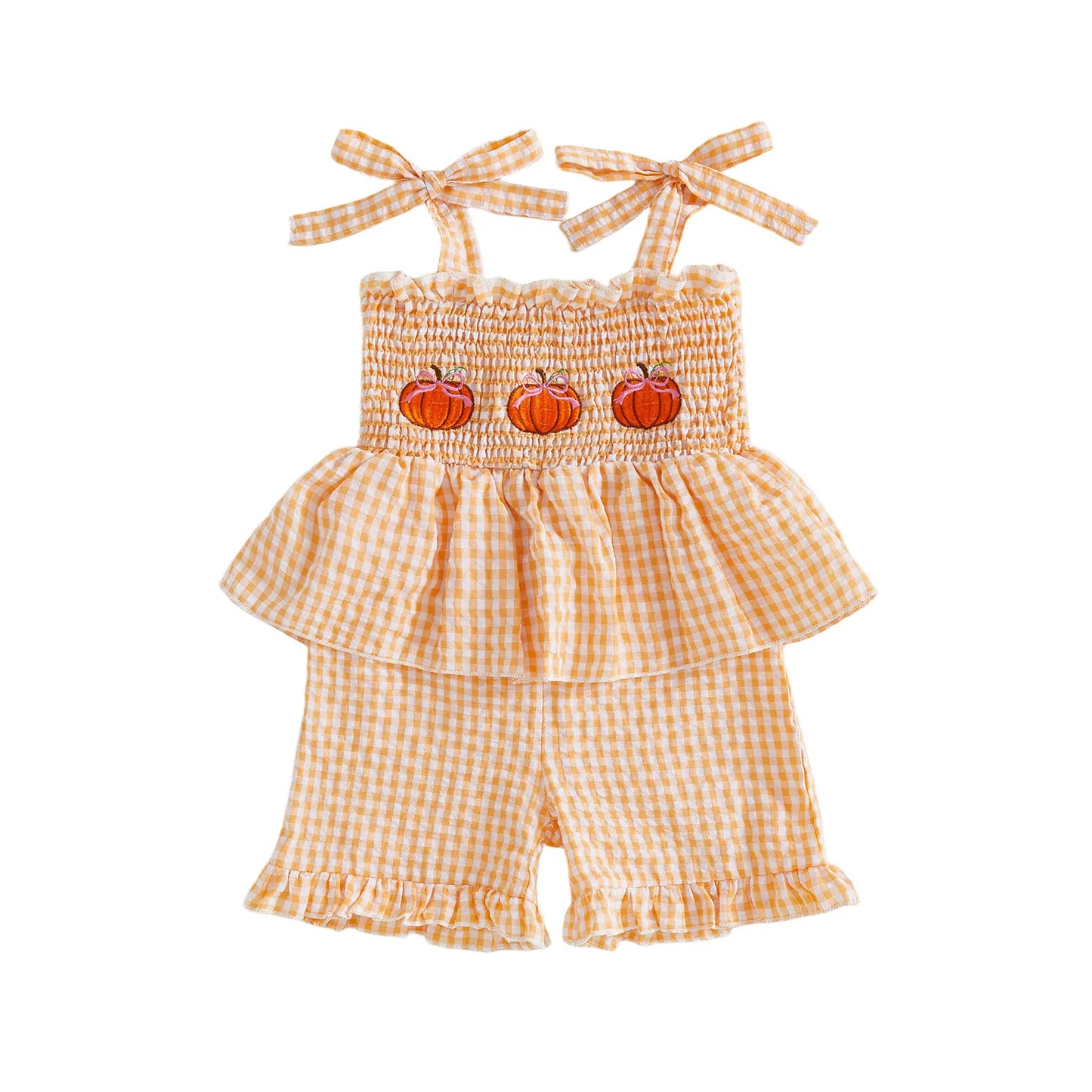 Summer Halloween Kids Girls Clothes Embroidery Pumpkin Camisole Plaid Shorts Romper Outfit