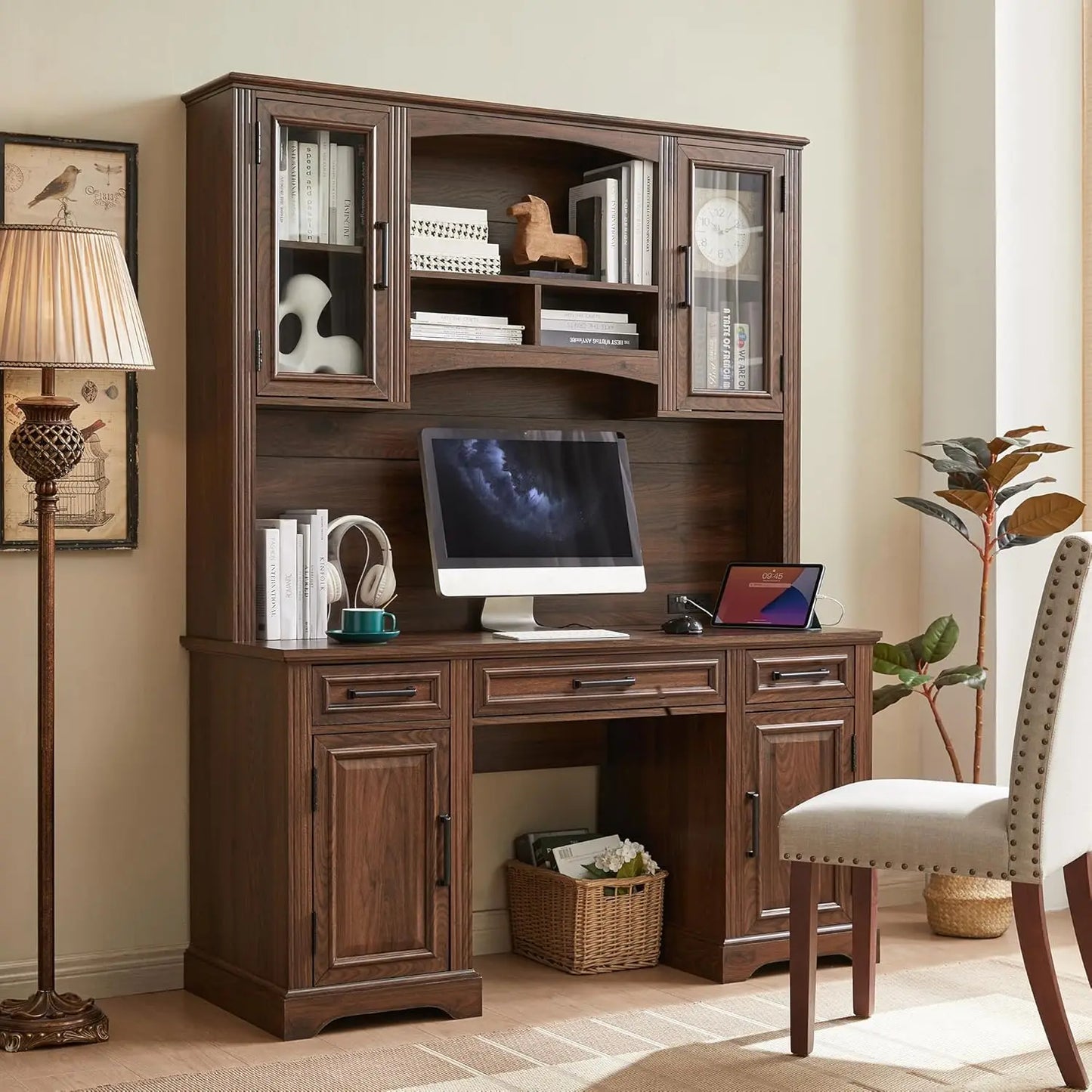 58" Executive Desk, Farmhouse Computer Desk with Drawers and Cabinet, Embossed Texture Home Office Desk, Workspace for Work Stu