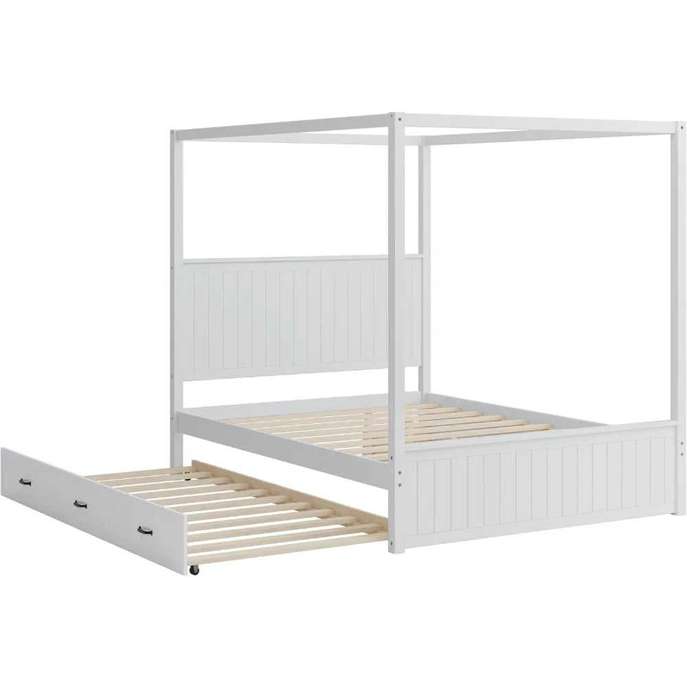 SOFTSEA Queen Size Canopy Platform Bed with Storage Drawers & Trundle, Solid Wood 4-Post Platform Bed Frame with Wood Headboard