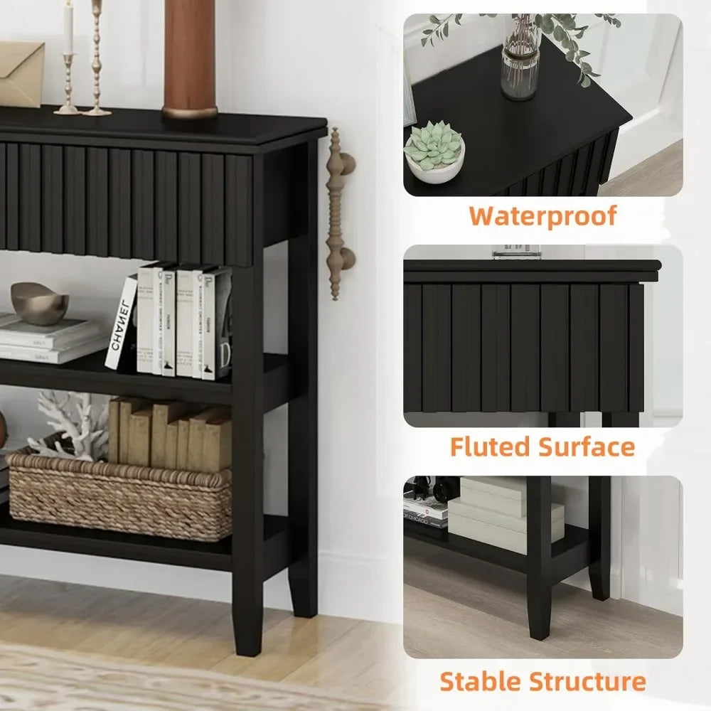Painted Wood Console Table Narrow Long Sofa Table Modern Behind Couch Fluted Entryway Table with 3 Drawer