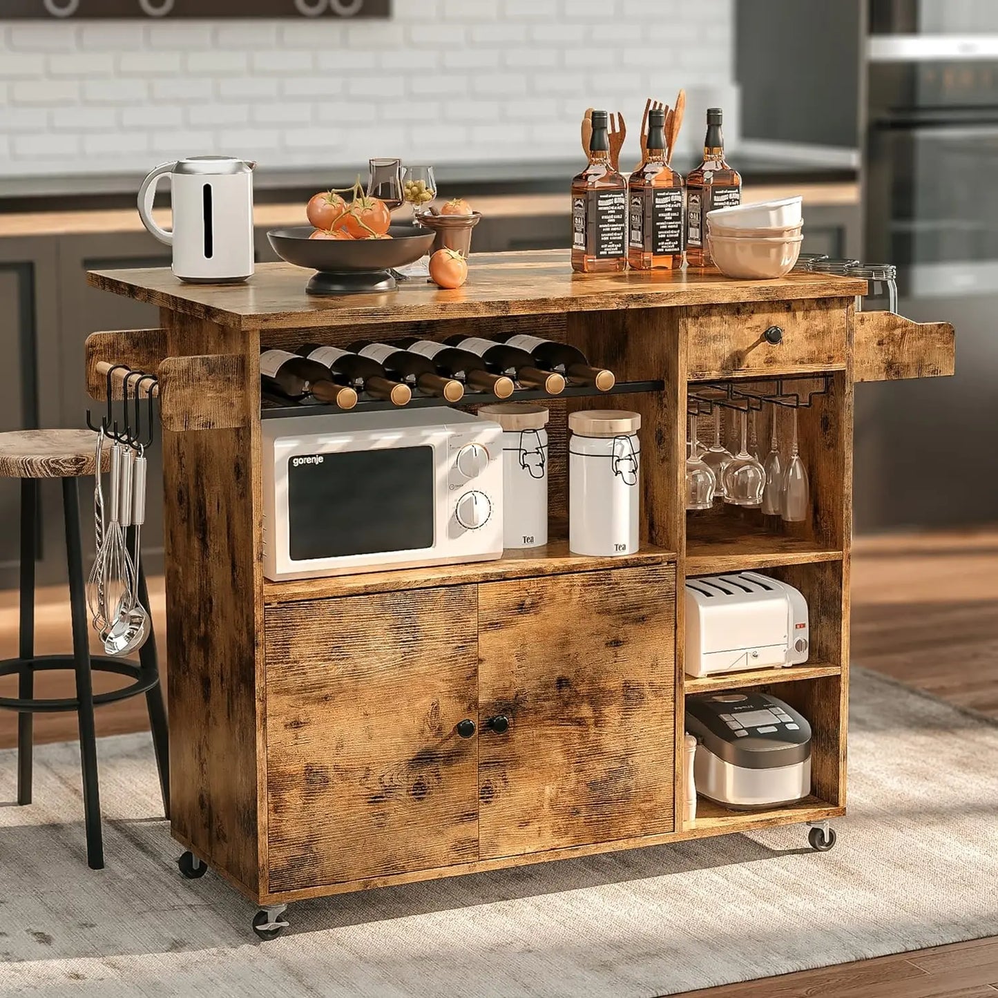 IRONCK Rolling Kitchen Island Cart with Drop-Leaf & Wine Rack Drawer Shelves&Spice Rack, Microwave Rack Serving Cart on Wheels