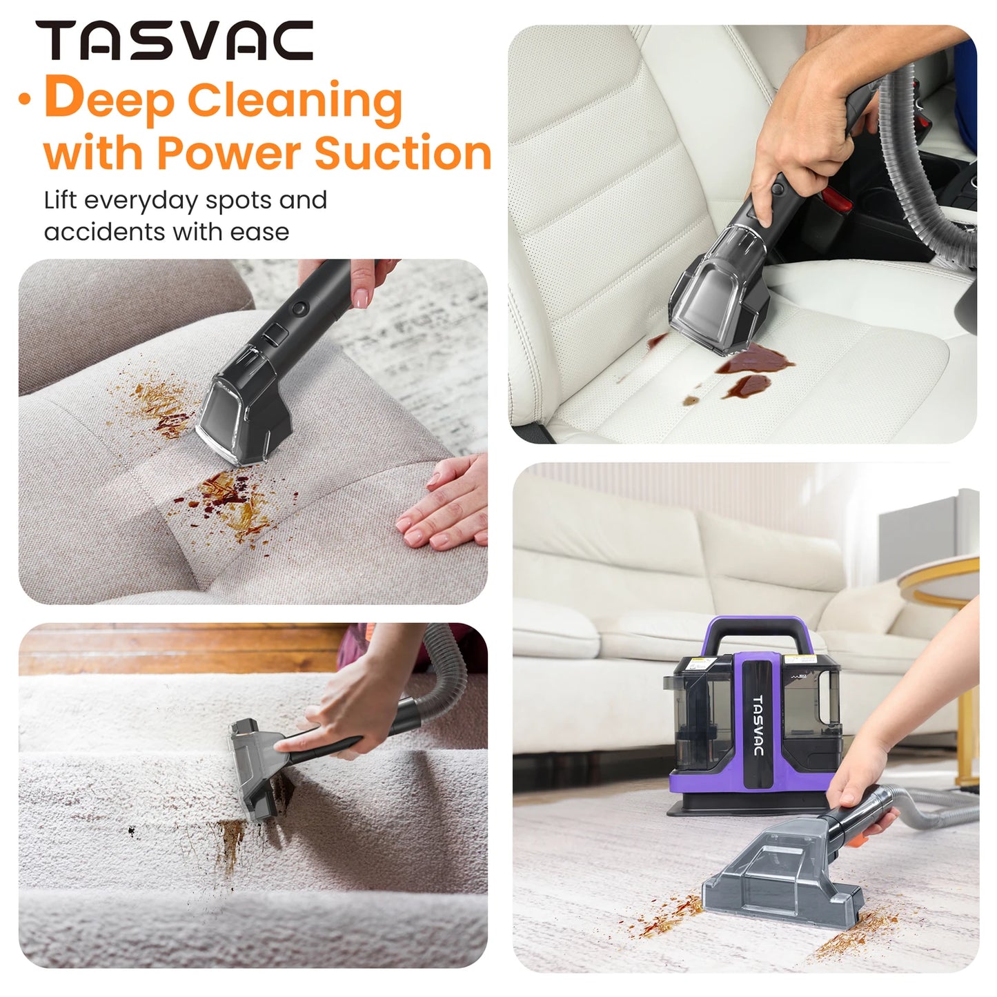 TASVAC C7 Portable Carpet & Upholstery Cleaner Machine, Spot And Stain Deep Cleaner With Two Brushes & Remover Formula For Pets,