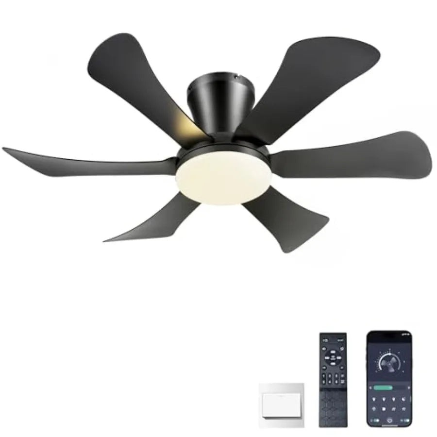 Ceiling Fan with Lights, 46 Inch Low Profile Ceiling Fan with Light and Remote Control, Flush Mount, 6 Speeds Reversible, Dimma
