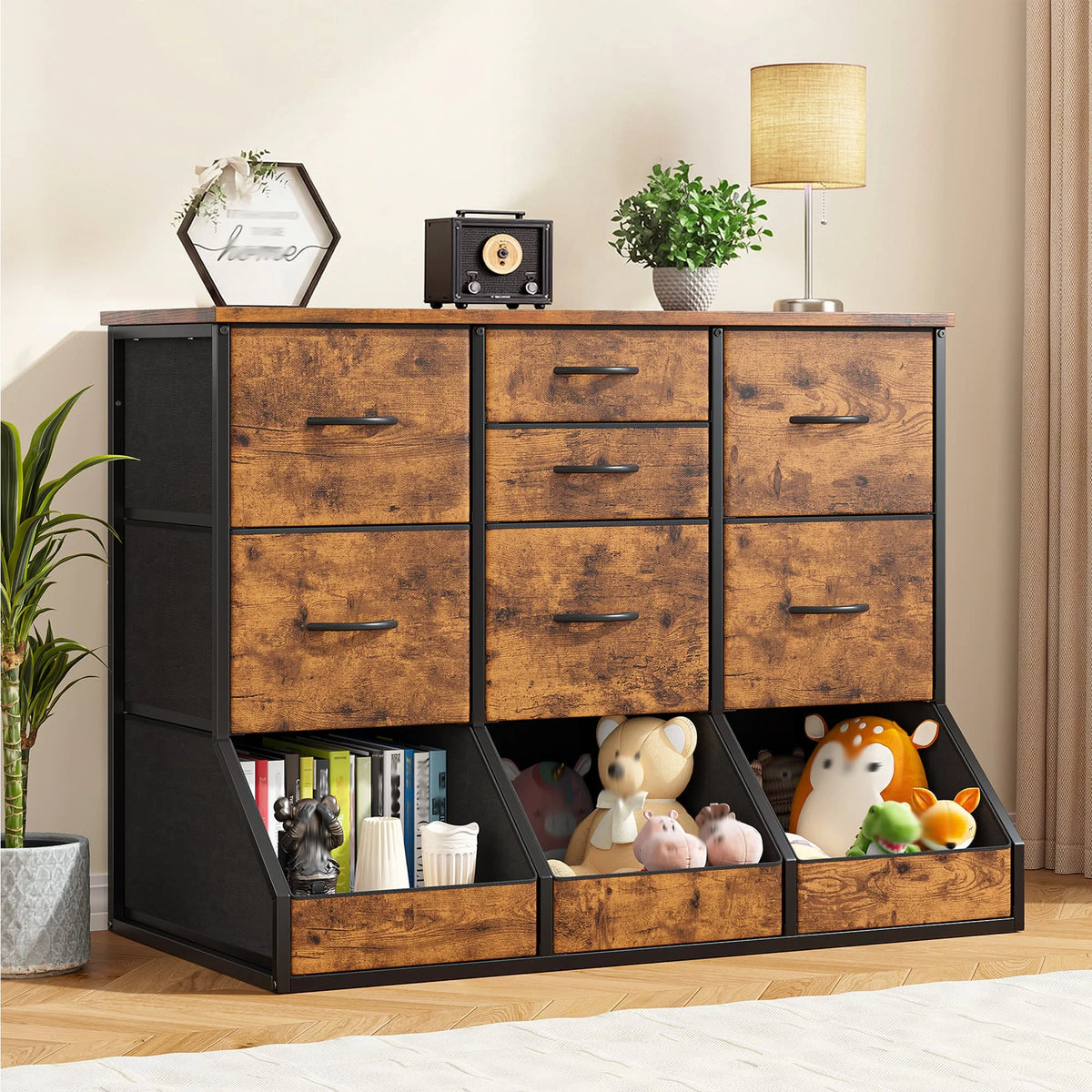 EnHomee 10-Storage Fabric Dresser – 7 Drawers & 3 Open Compartments, Wood Top & Metal Frame – 39.3"W x 17.7"D x 31.5"H – For Bedroom, Entryway, Hallway