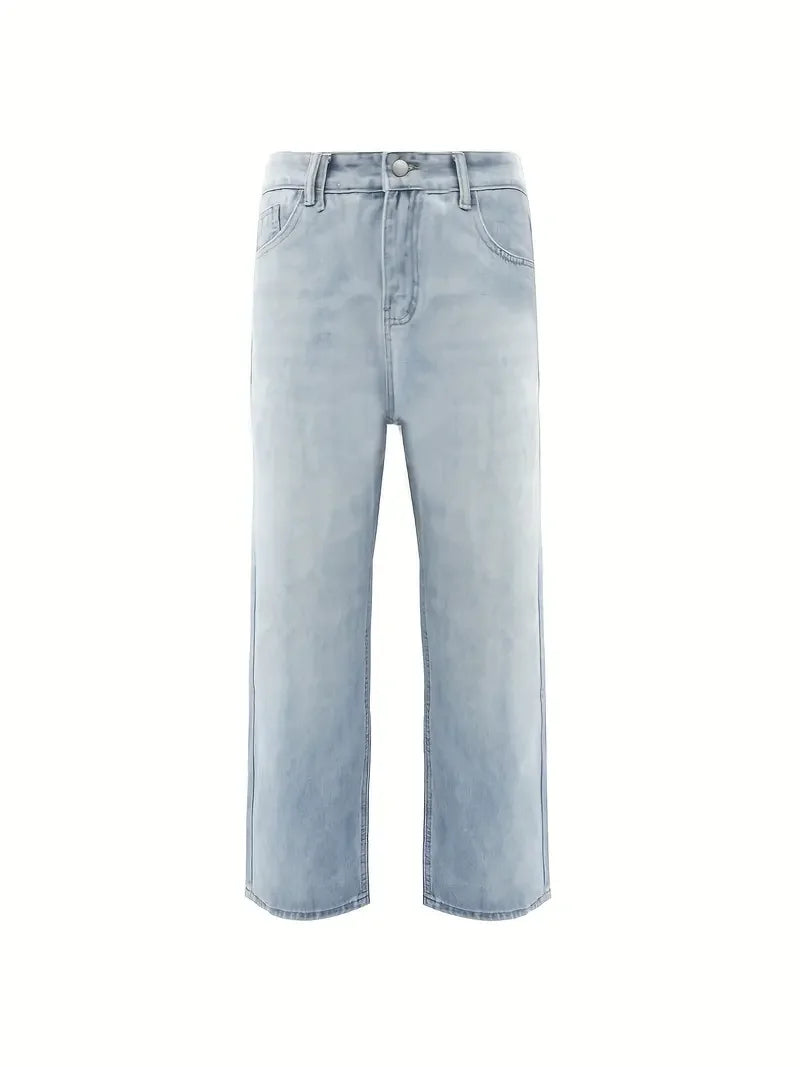 Men'S Vintage Washed Blue Loose Fit Jeans - Casual Straight Leg Denim Pants with Zipper Fly, All-Season Comfort, Mid Waist, Casu