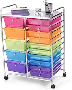 15-Drawer Rolling Storage Cart, Multipurpose Movable Organizer, Utility Cart for Home, Office, School, Macaron Color