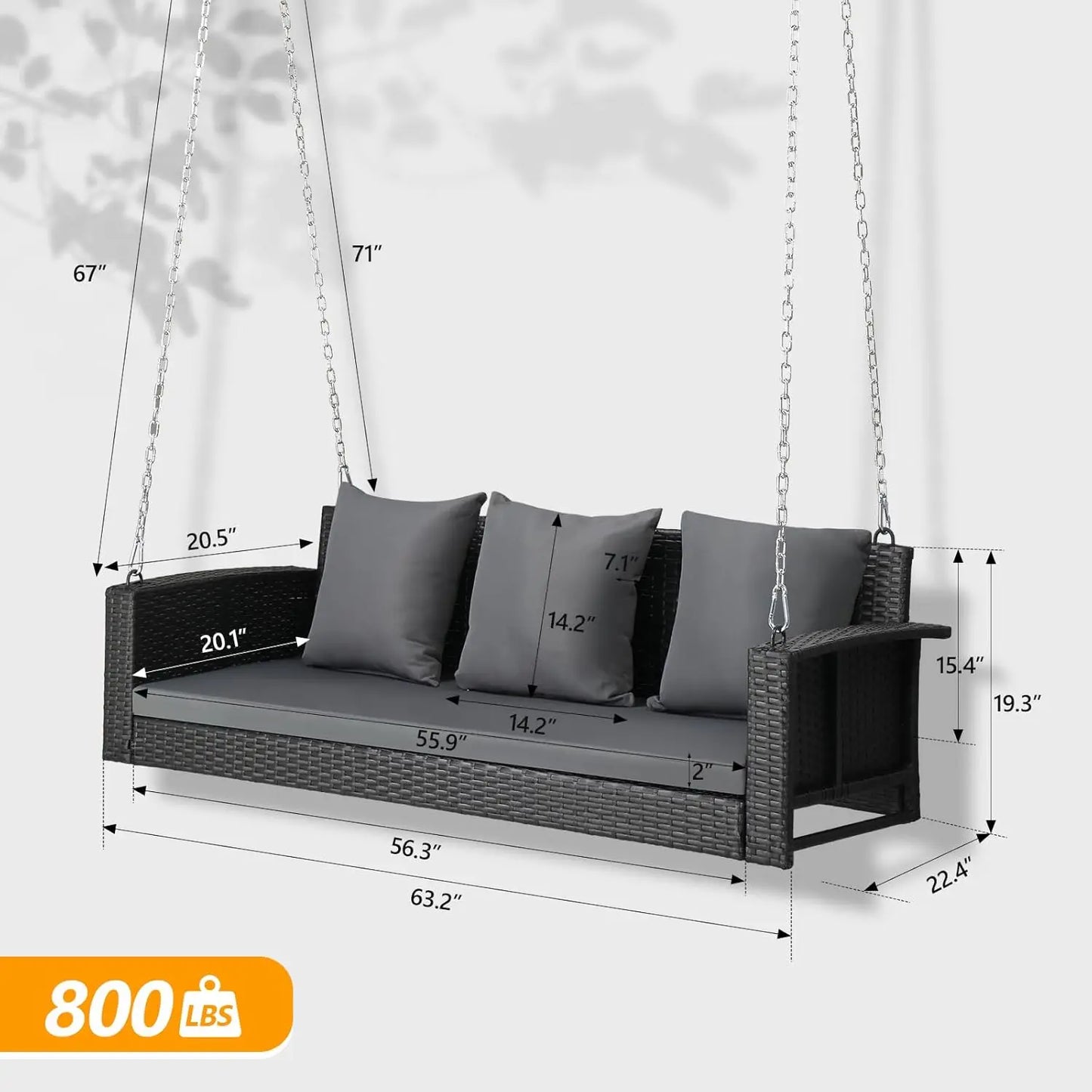 Heavy Duty 800 LBS Wicker Hanging Porch Swing with Cushions & Chains, 5FT Outdoor Rattan Swing Bench for Garden,Black