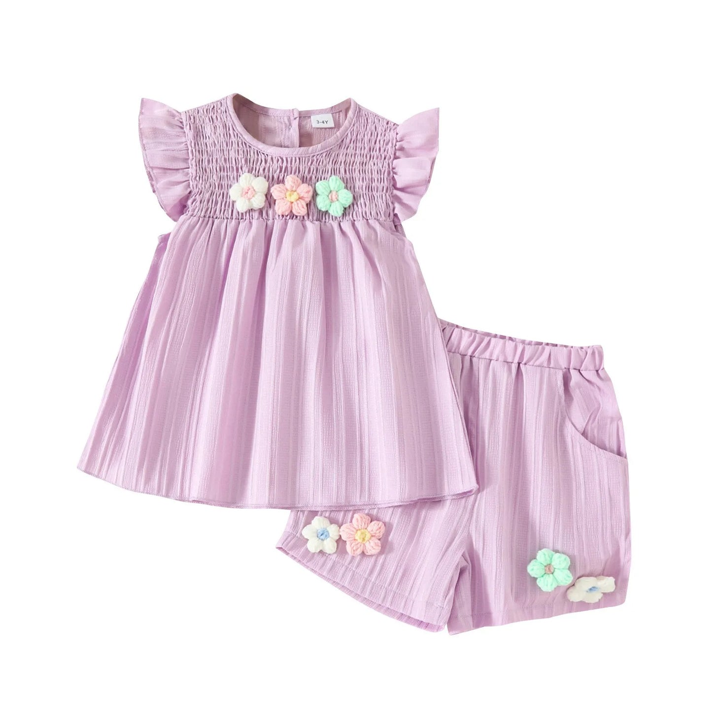Girls' Summer Fashion Set Children's Flower Print Flying Sleeve Top+Shorts Two Piece Cute Little Girl Refreshing Set