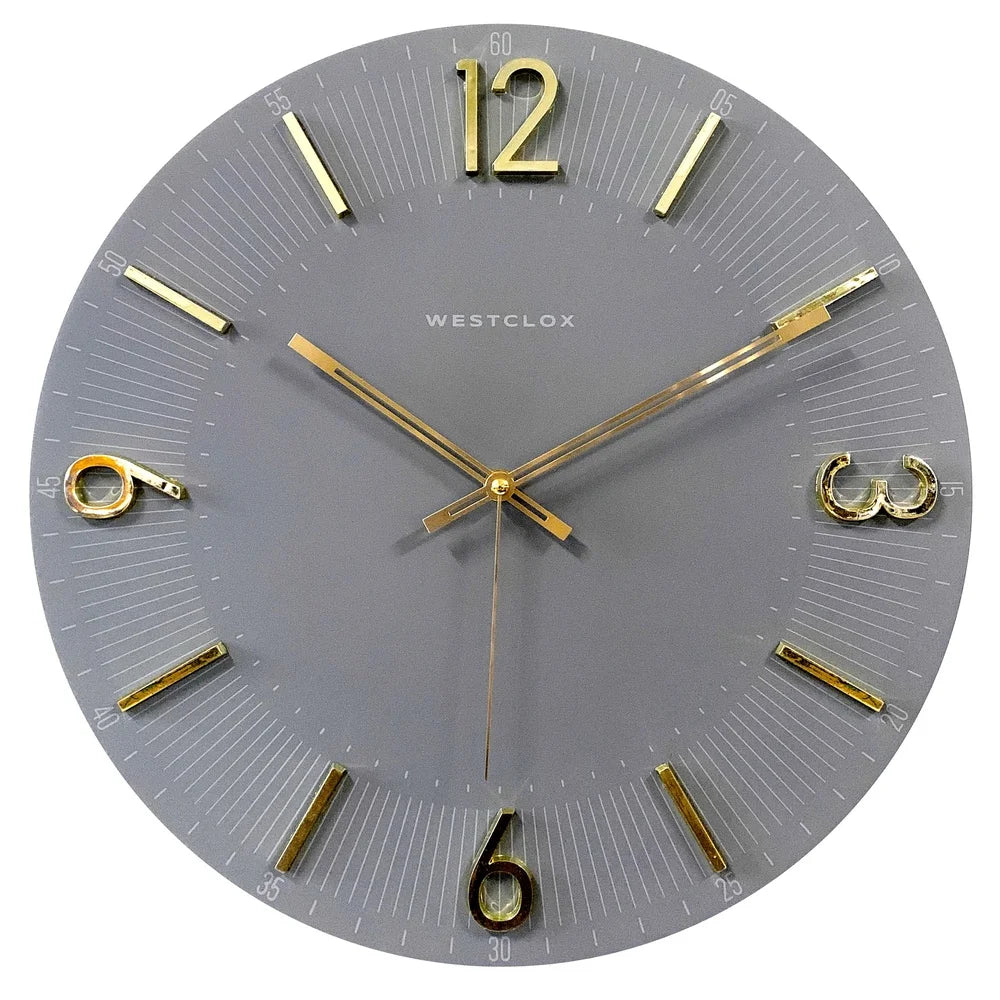 Contemporary 16 Inch Analog Wall Clock Gray with Raised Gold Numbers Quartz Movement Home Office Decor