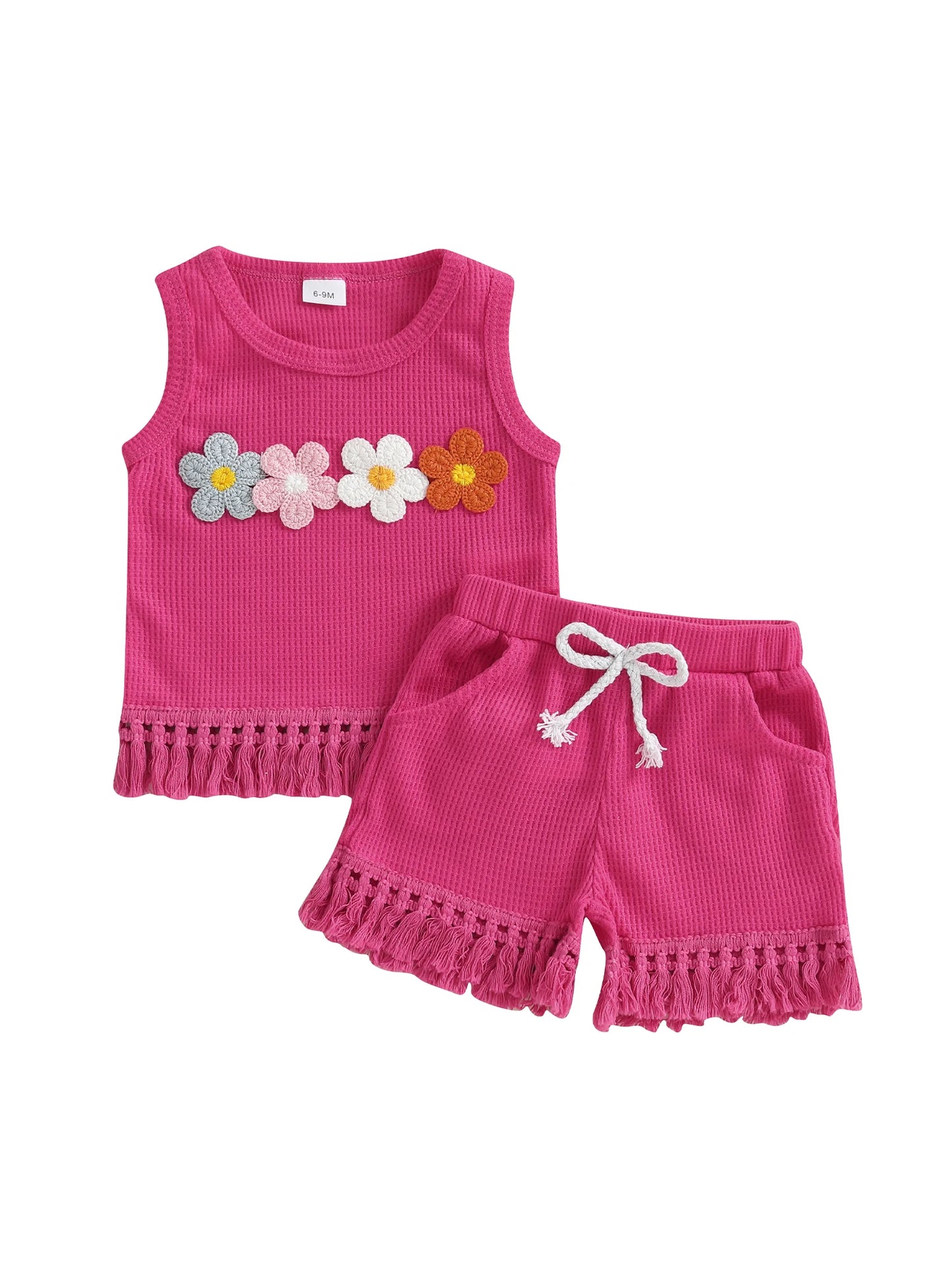 Adorable Toddler Girl Summer Outfits with Floral Embroidery and Tassel Hem Sleeveless Tank Top and Elastic Waist Shorts