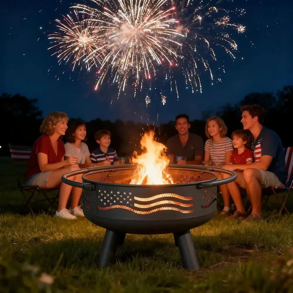 32 Inch Round Metal Wood Burning Fire Pit with Mesh Cover & Poker, Perfect for Outdoor Patio, Garden, Backyard Gatherings, Ideal