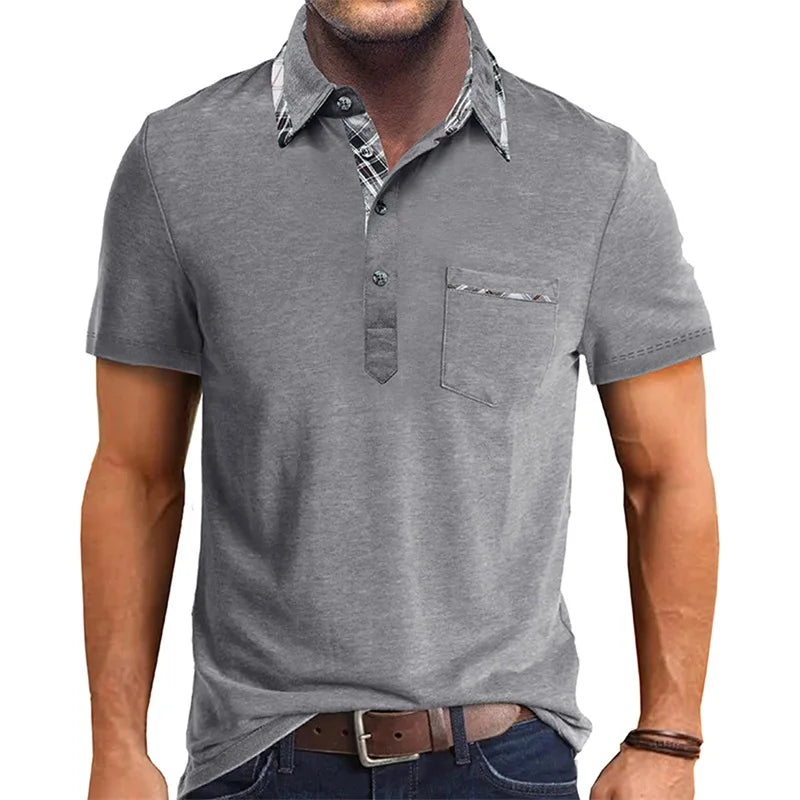 Men Short Sleeve T-Shirts Contrast Plaid Turn-Down Collar Buttons Business Casual Tops Summer Fashion Fit Shirts