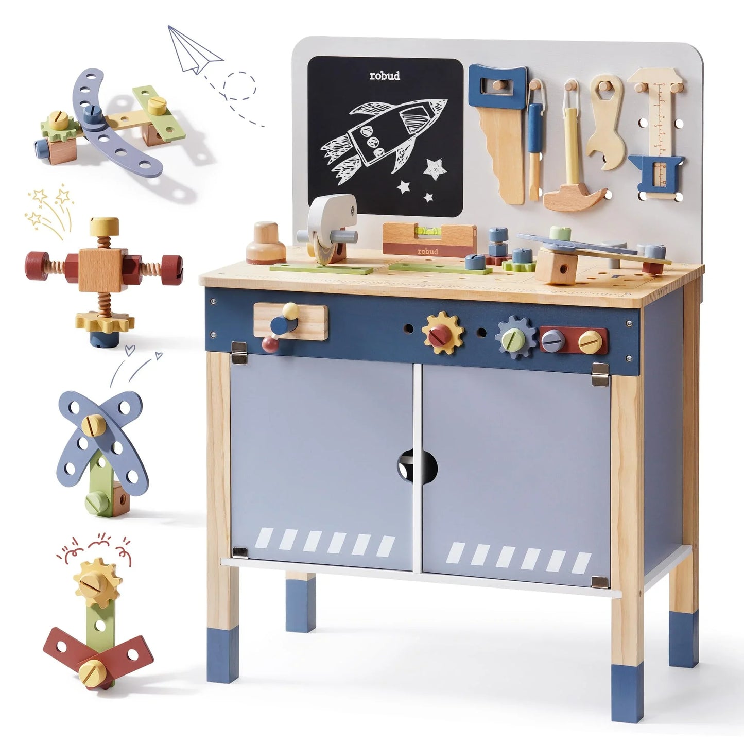 Robotime Robud Wooden Toy Workbench Large Kid's Wooden Play Tool Pretend Play Creative Building Set Gift for Girls & Boys 3+