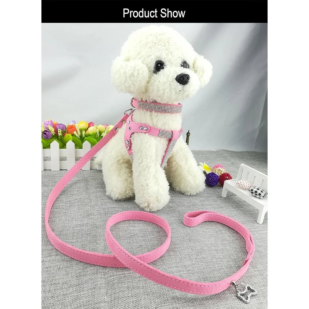 Comfortable Soft Dog Collar and Harness Set with Leash Stylish Diamante Design Small Pets Training Outdoor Activity
