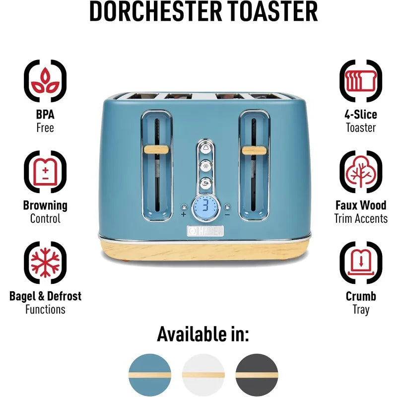 Haden Dorchester 4 Slice Wide Slot Bread and Bagel Retro Toaster with Removable Crumb Tray Variable Browning Control, Stone Blue