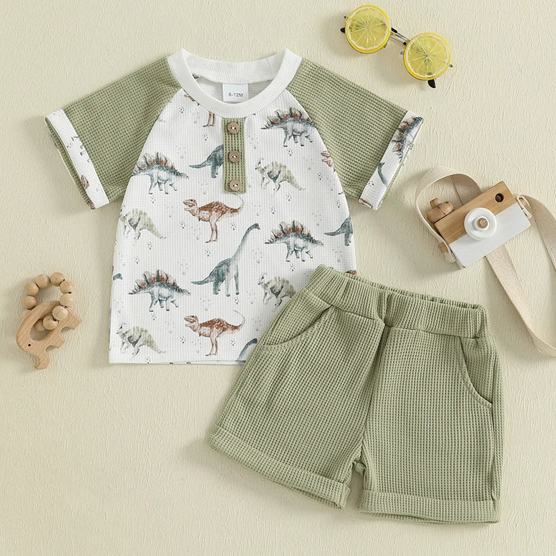 Toddler Boys Lightweight Cotton Outfits with Cute Animal Print Short Sleeves T-Shirt and Elastic Waist Shorts Set for Summer