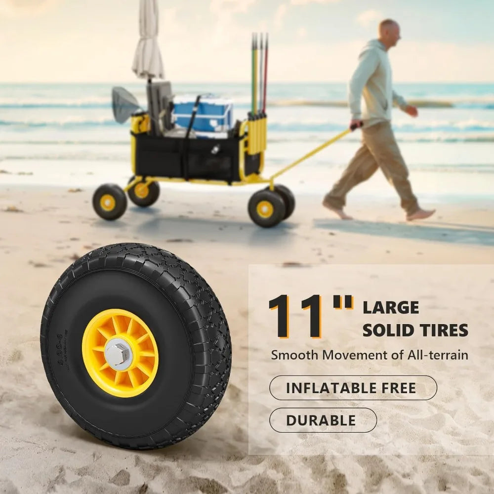 Hot Sale - Fishing Cart, Foldable Trolley with 11" Airless Tires, Beach Trailer with Large Cargo Basket, 550 lbs Load Capacity