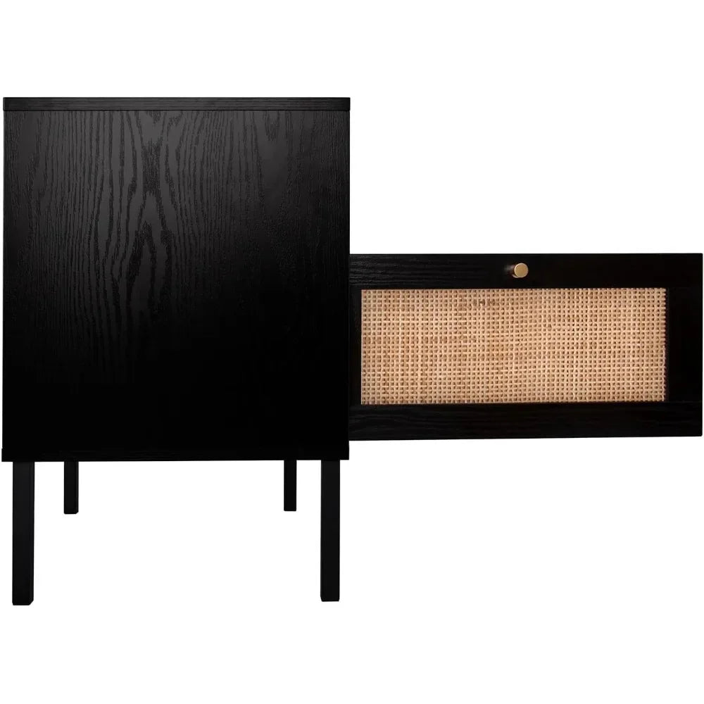 Rattan Night Stand Set 2, Boho Black Nightstands Set of 2, Bedside Table, End Table with Open Storage Space & Metal Le