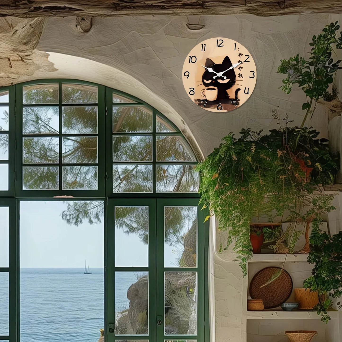 A 10-16 inch Japanese style cute black cat large wooden wall clock - battery powered, circular silent lazy clock, suitable for d