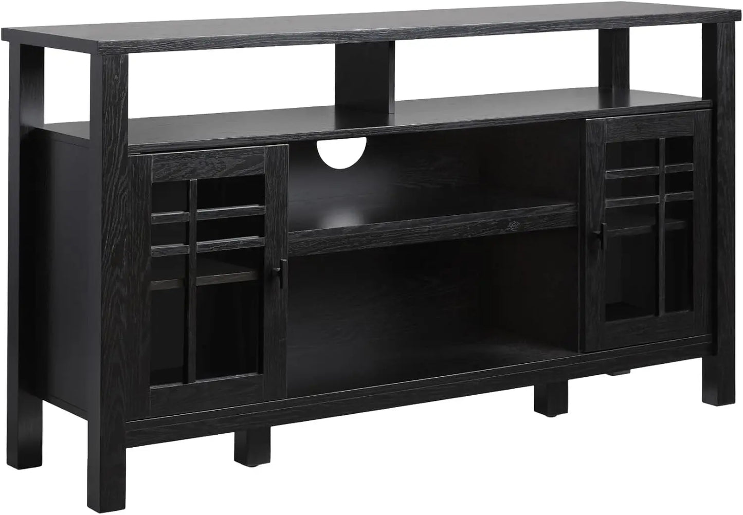 Transitional-Style Windowpane Glass Door Storage Sideboard, 58 Inch, Coastal Oak