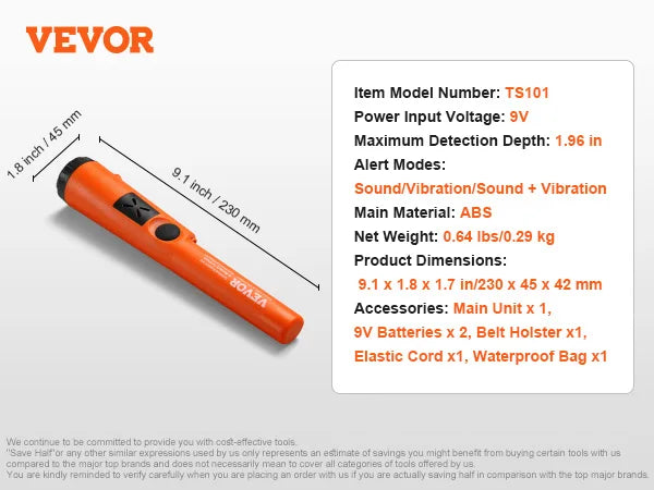 VEVOR Metal Detector Pinpointer IP66/IP68 Waterproof Handheld Pin Pointer Wand 1.96"/4.5" Detection Depth 3 Modes for Detecting