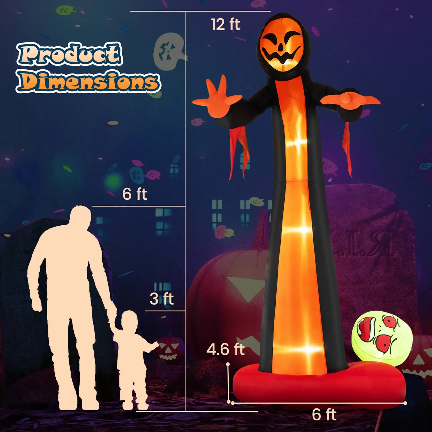 12 FT Inflatable Grim Reaper Ghost Large Halloween Inflatables w/ Scary Skull